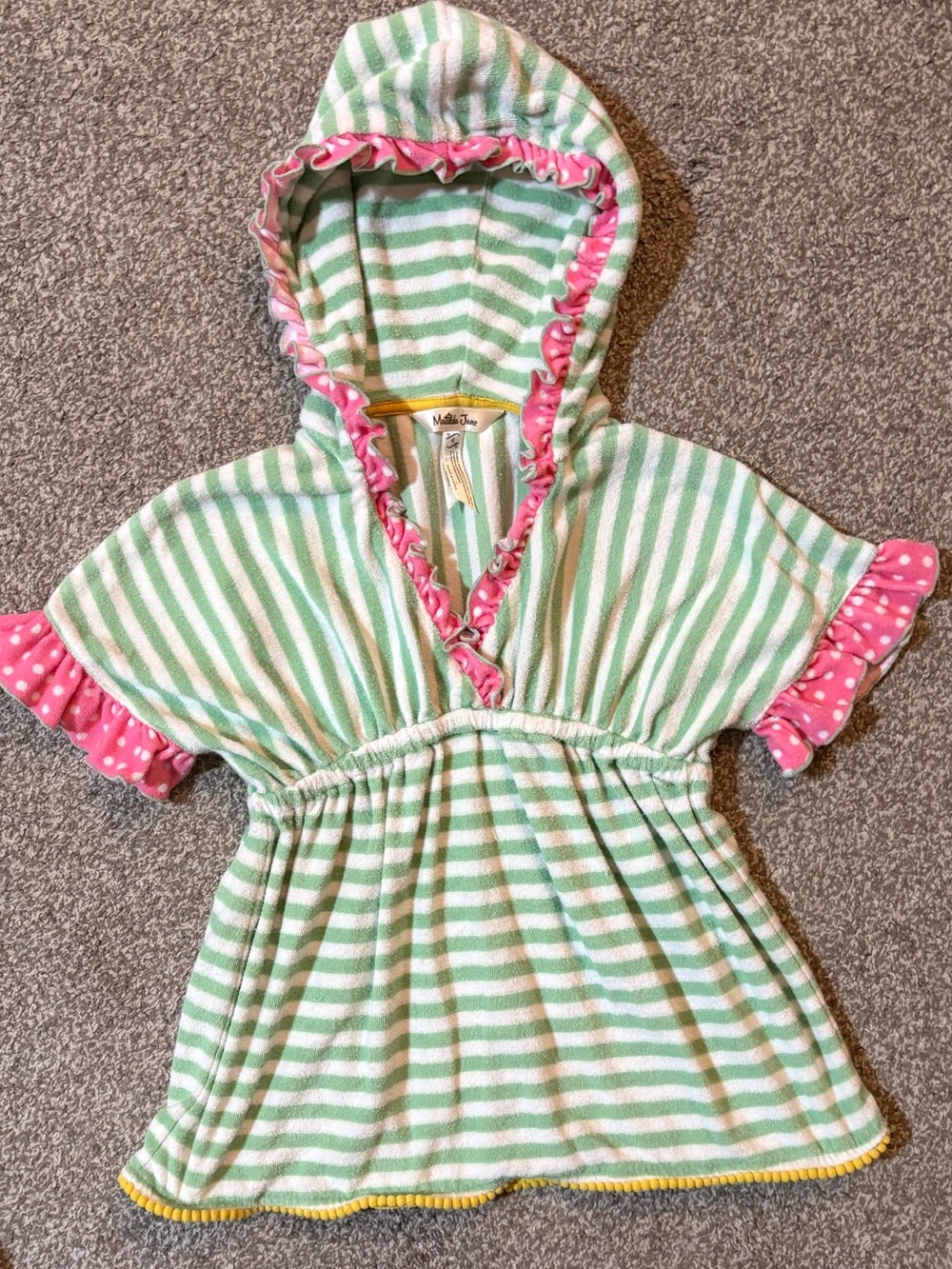 Matilda Jane Green & White Striped Hooded Kids Swim Coverup with Pink Ruffles
